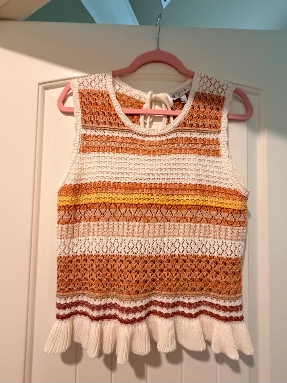Jessica Simpson Cream Crochet Tank with Brown & Yellow Stripes